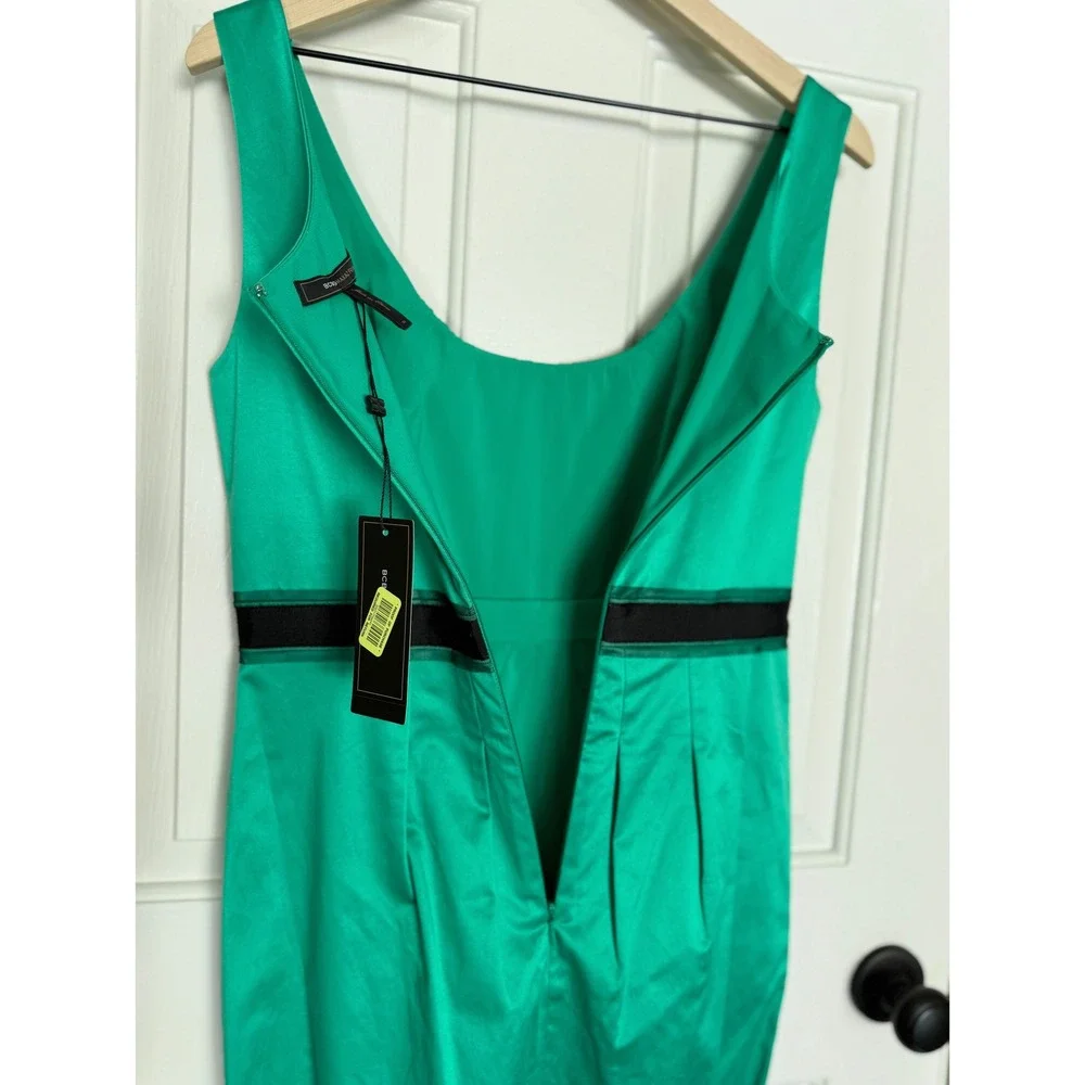 NWT BCBG Max Azria 6 Emerald Green Mini Dress Pleats Black Ribbon Cocktail Party